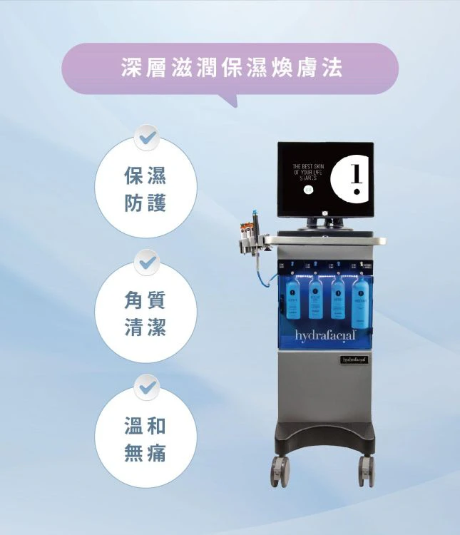 HydraFacial 海菲秀設備與清潔保濕特色說明圖